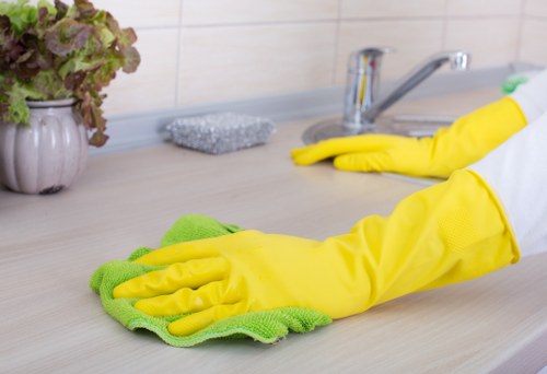 Vacuuming and dusting a bedroom during domestic cleaning
